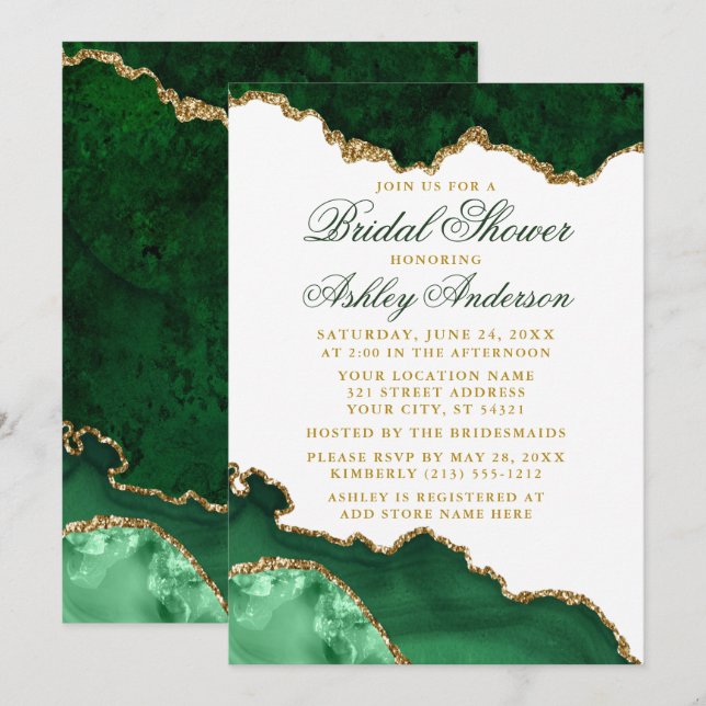 Watercolor Green Gold Marble Geode Bridal Shower Invitation (Front/Back)