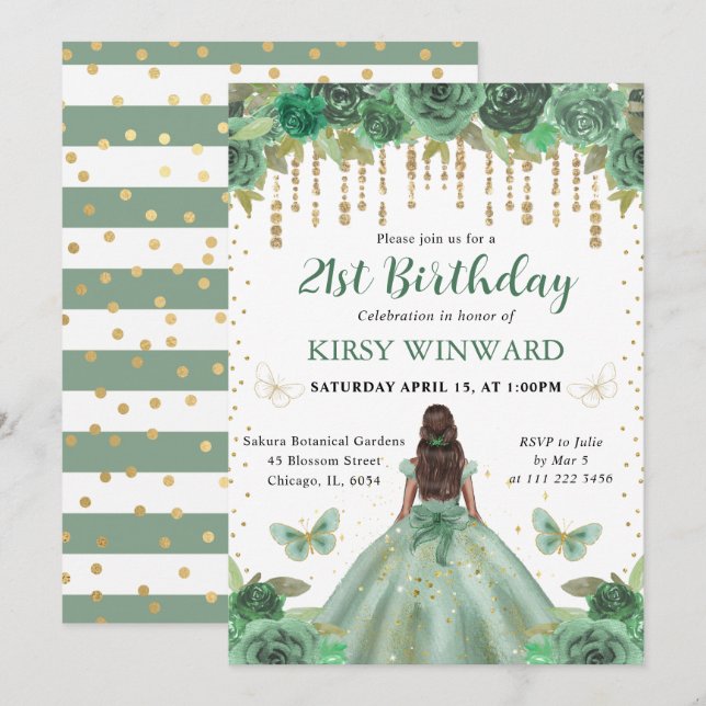 Watercolor Green & Gold Princess Birthday Invitation (Front/Back)