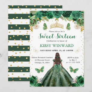 Watercolor Green & Gold Princess Sweet 16 Invitation