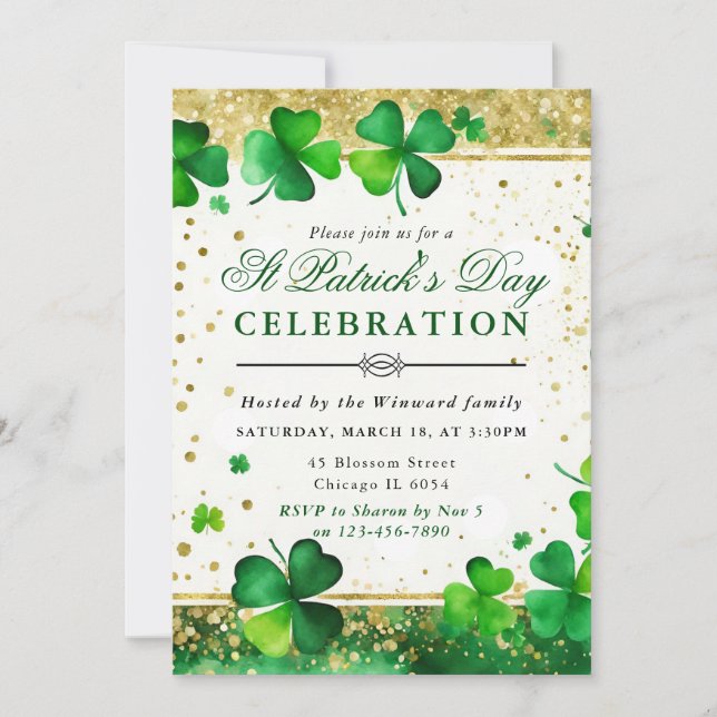 Watercolor Green & Gold Shamrock St Patrick's Day Invitation (Front)
