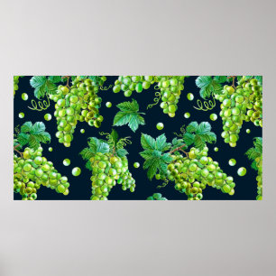 Watercolor green grape, leaves on dark background. poster