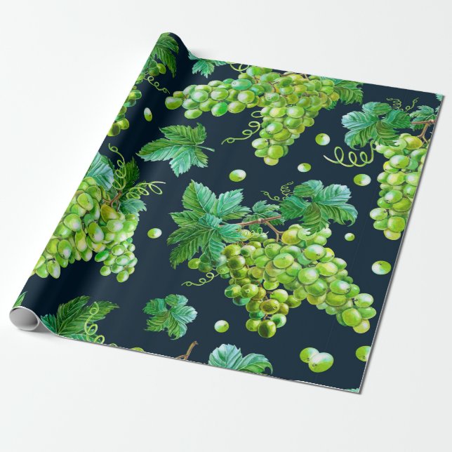 Watercolor green grape, leaves on dark background. wrapping paper (Unrolled)