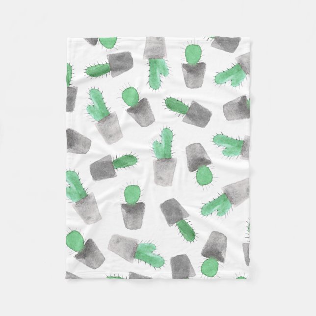 Watercolor green grey modern cactus pattern fleece blanket (Front)