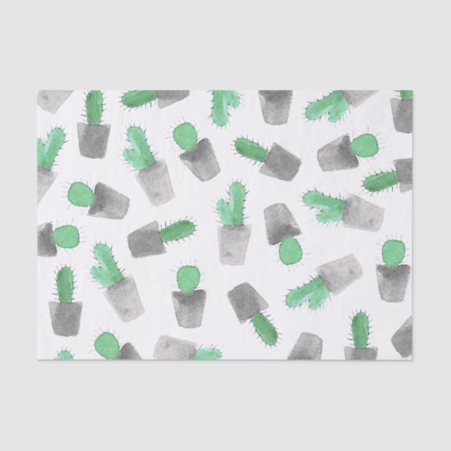 Watercolor green grey modern cactus pattern tissue paper (Front)