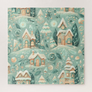 Watercolor Green Houses Christmas Motifs Holiday Jigsaw Puzzle