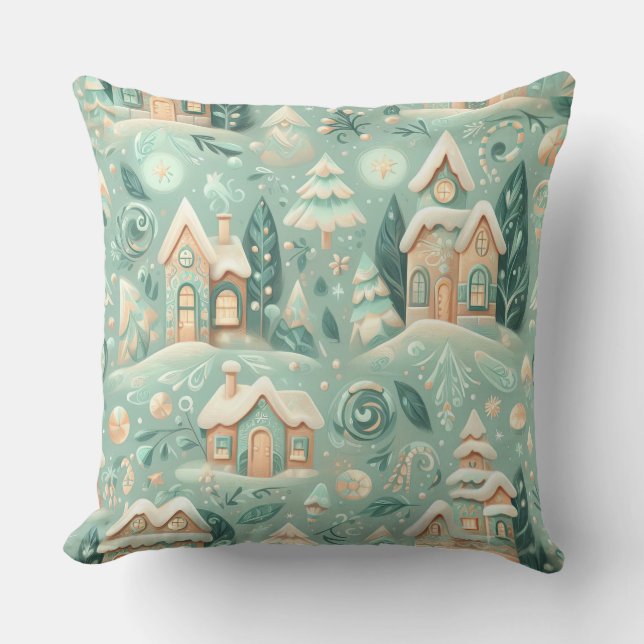 Watercolor Green Houses Christmas Motifs Holiday Throw Pillow (Front)