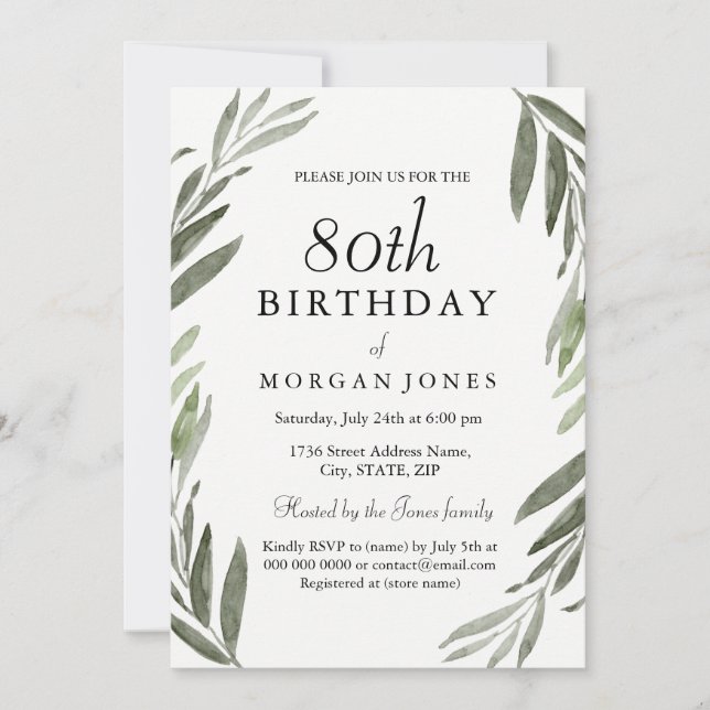 Watercolor Green Leaf 80th Birthday Invitation (Front)