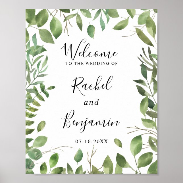 Watercolor Green Leaf Border Welcome Wedding Chic Poster (Front)