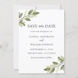 Watercolor Green Leaf Elegant Wedding Save The Date