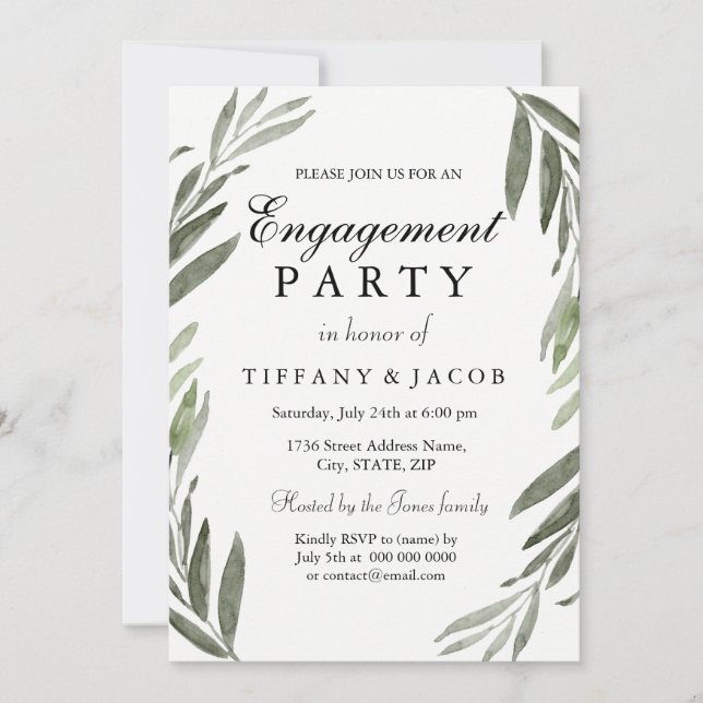 Watercolor Green Leaf Engagement Party Invitation (Devant)