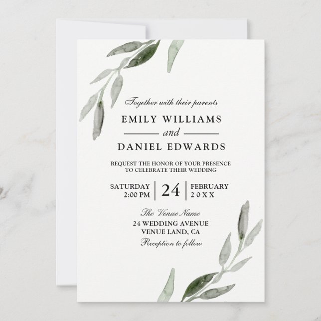 Watercolor Green Leaf Modern Wedding Invite (Front)