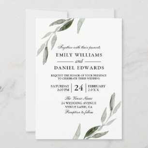 Watercolor Green Leaf Modern Wedding Invite