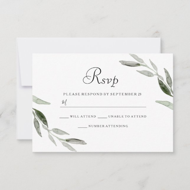 Watercolor Green Leaf Modern Wedding RSVP Card (Front)