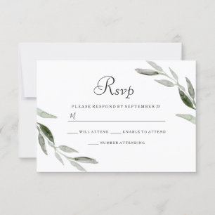 Watercolor Green Leaf Modern Wedding RSVP Card