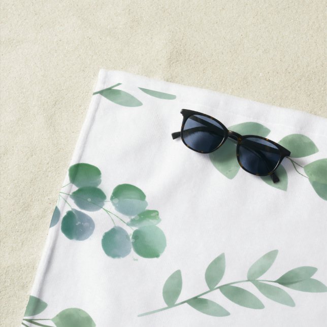 Watercolor Green Leaf Pattern – Elegant Botanical  Beach Towel (In Situ)