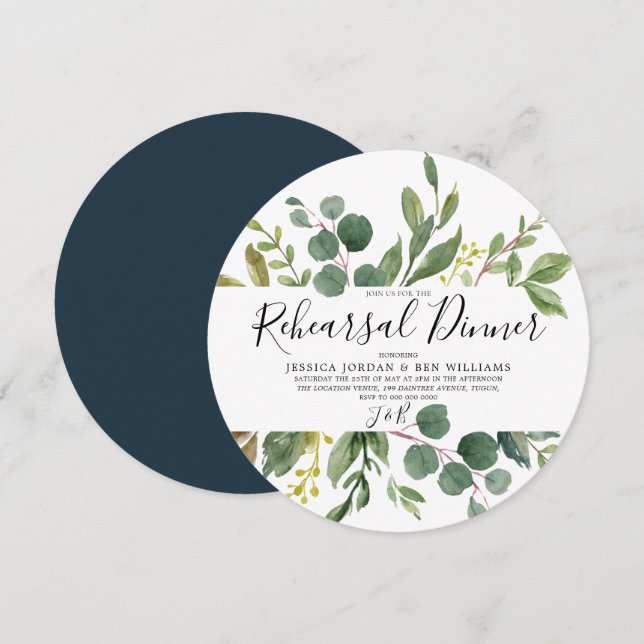 Watercolor Green Leaf Spring Rehearsal Dinner Invitation (Front/Back)