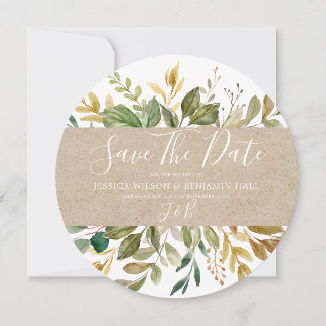 Watercolor Green Leaf Summer Wedding Fall Save The Date (Front)