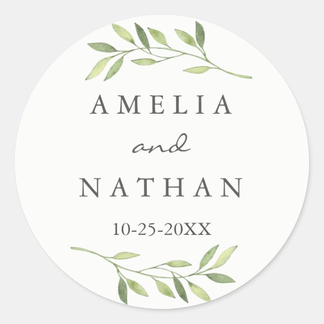 Watercolor Green Leaf Wedding Sticker (Front)