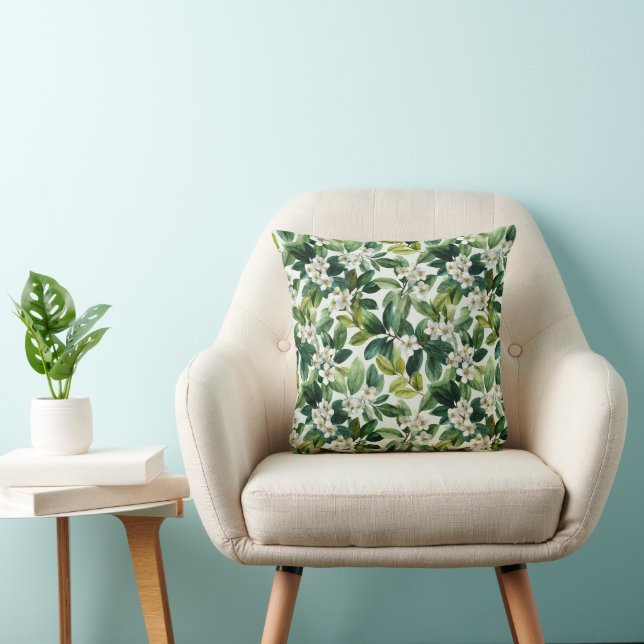 Watercolor Green Leaf White Floral Pattern Throw Pillow (Chair)