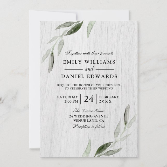 Watercolor Green Leaf White Rustic Wedding Invite (Front)