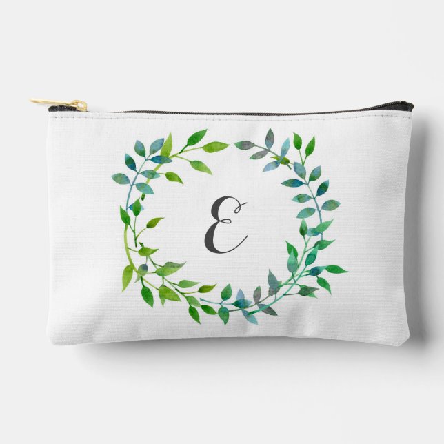 Watercolor Green Leaf Wreath | Monogram Accessory Pouch (Front)