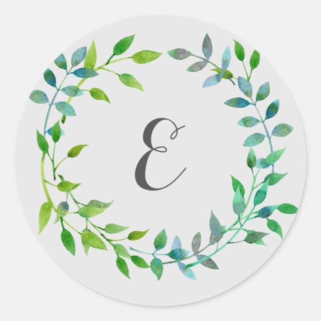 Watercolor Green Leaf Wreath | Monogram Classic Round Sticker (Front)
