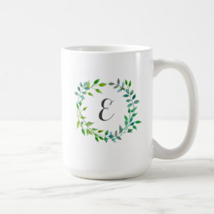 Watercolor Green Leaf Wreath   Monogram Coffee Mug