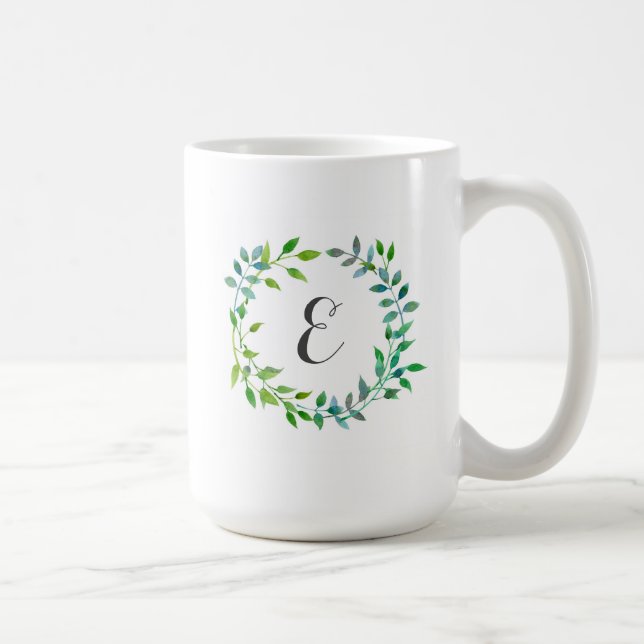 Watercolor Green Leaf Wreath | Monogram Coffee Mug (Right)