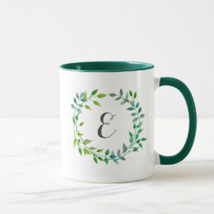 Watercolor Green Leaf Wreath   Monogram Mug