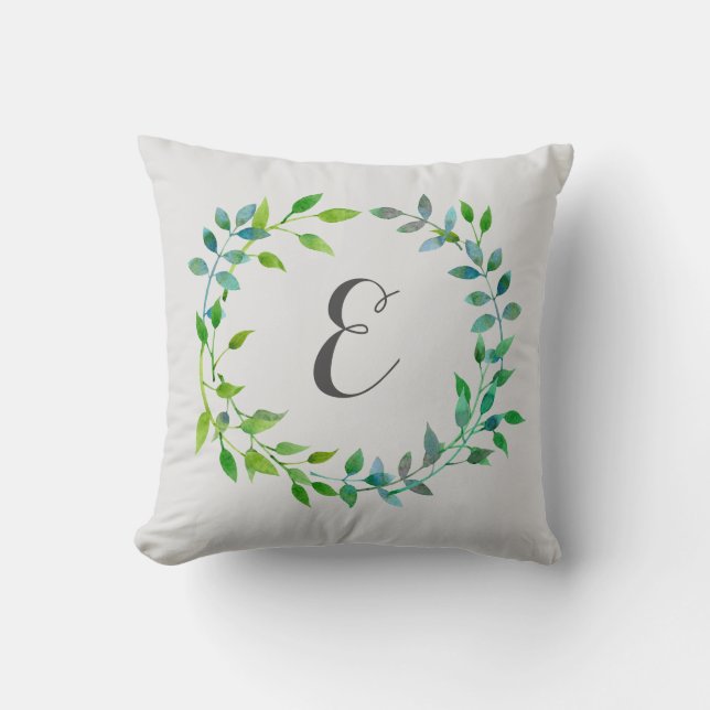 Watercolor Green Leaf Wreath | Monogram Throw Pillow (Front)
