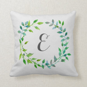 Watercolor Green Leaf Wreath   Monogram Throw Pillow