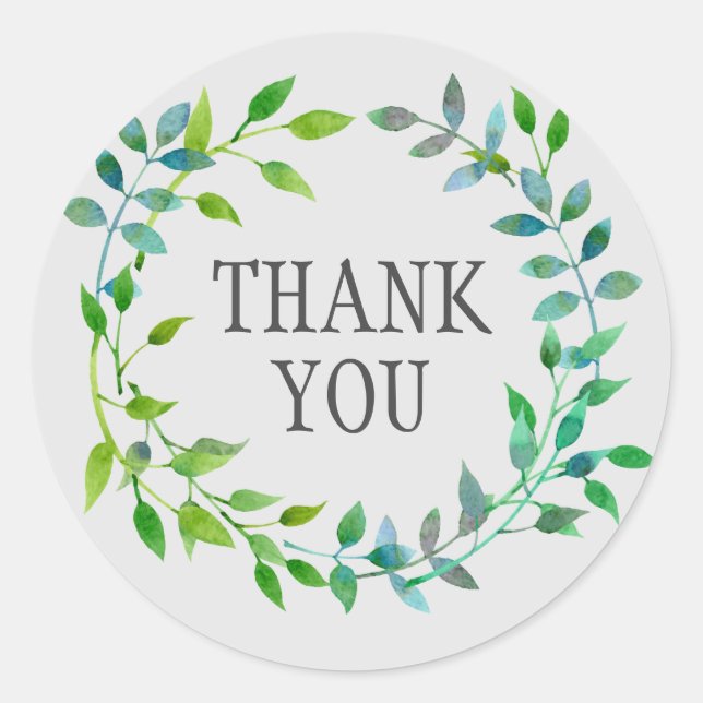 Watercolor Green Leaf Wreath | Thank You Classic Round Sticker (Front)
