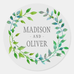 Watercolor Green Leaf Wreath   Wedding Classic Round Sticker
