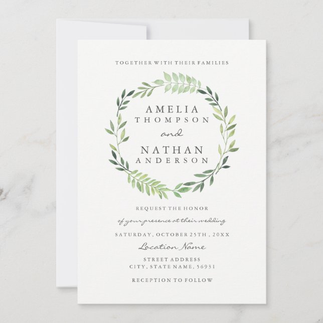 Watercolor Green Leaf Wreath Wedding Invitation (Front)