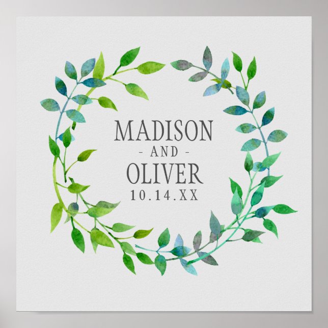 Watercolor Green Leaf Wreath | Wedding Poster (Front)