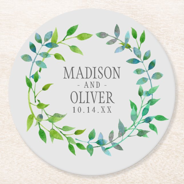 Watercolor Green Leaf Wreath | Wedding Round Paper Coaster (Front)