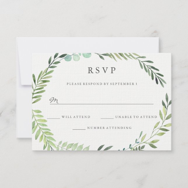 Watercolor Green Leaf Wreath Wedding RSVP (Front)