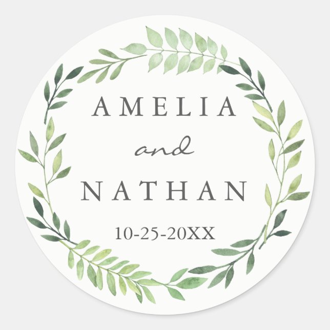 Watercolor Green Leaf Wreath Wedding Sticker (Front)