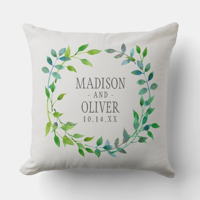 Watercolor Green Leaf Wreath | Wedding Throw Pillow (Front)