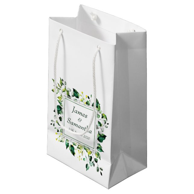 Watercolor Green Leaf & Yellow Flower | Wedding Small Gift Bag (Front Angled)