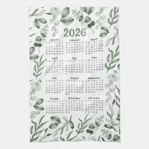 Watercolor Green Leaves 2026 Calendar  Kitchen Towel
