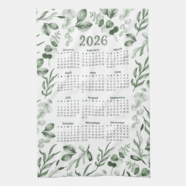 Watercolor Green Leaves 2026 Calendar  Kitchen Towel (Vertical)