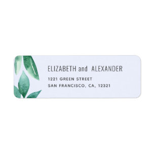 Watercolor green leaves. Blue wedding address