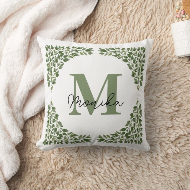 Watercolor Green Leaves bundle Letter M Monogram  Throw Pillow (Blanket)