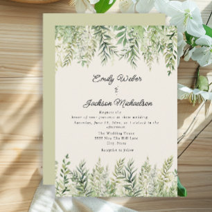 Watercolor Green Leaves Casual Wedding Invitation
