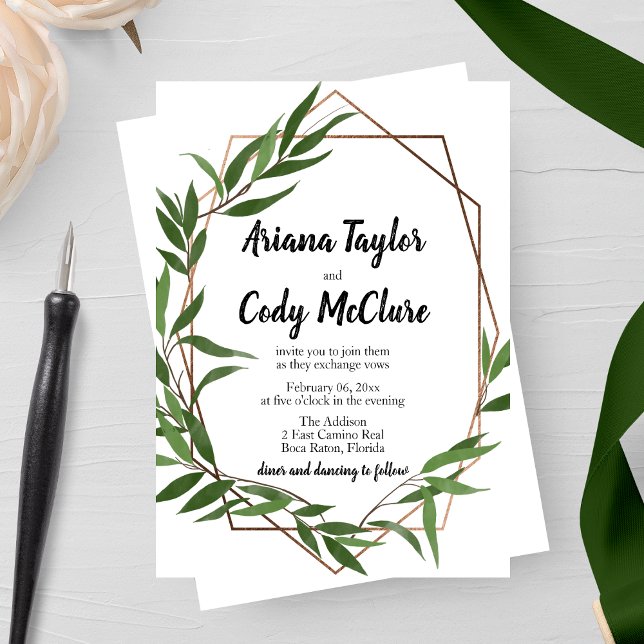 Watercolor Green Leaves Geometric Wedding Invitation (Creator Uploaded)