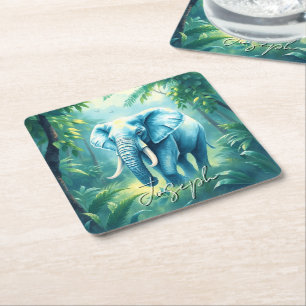 Watercolor Green Leaves Jungle Elephant Name Square Paper Coaster