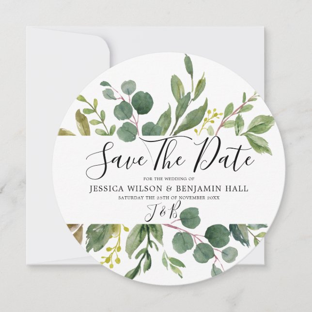 Watercolor Green Leaves Modern Wedding Save The Date (Front)