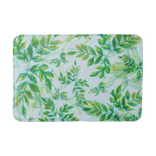 Watercolor Green Leaves on Water Bath Mat