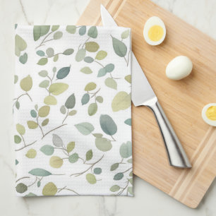 Watercolor Green Leaves Pattern Kitchen Towel